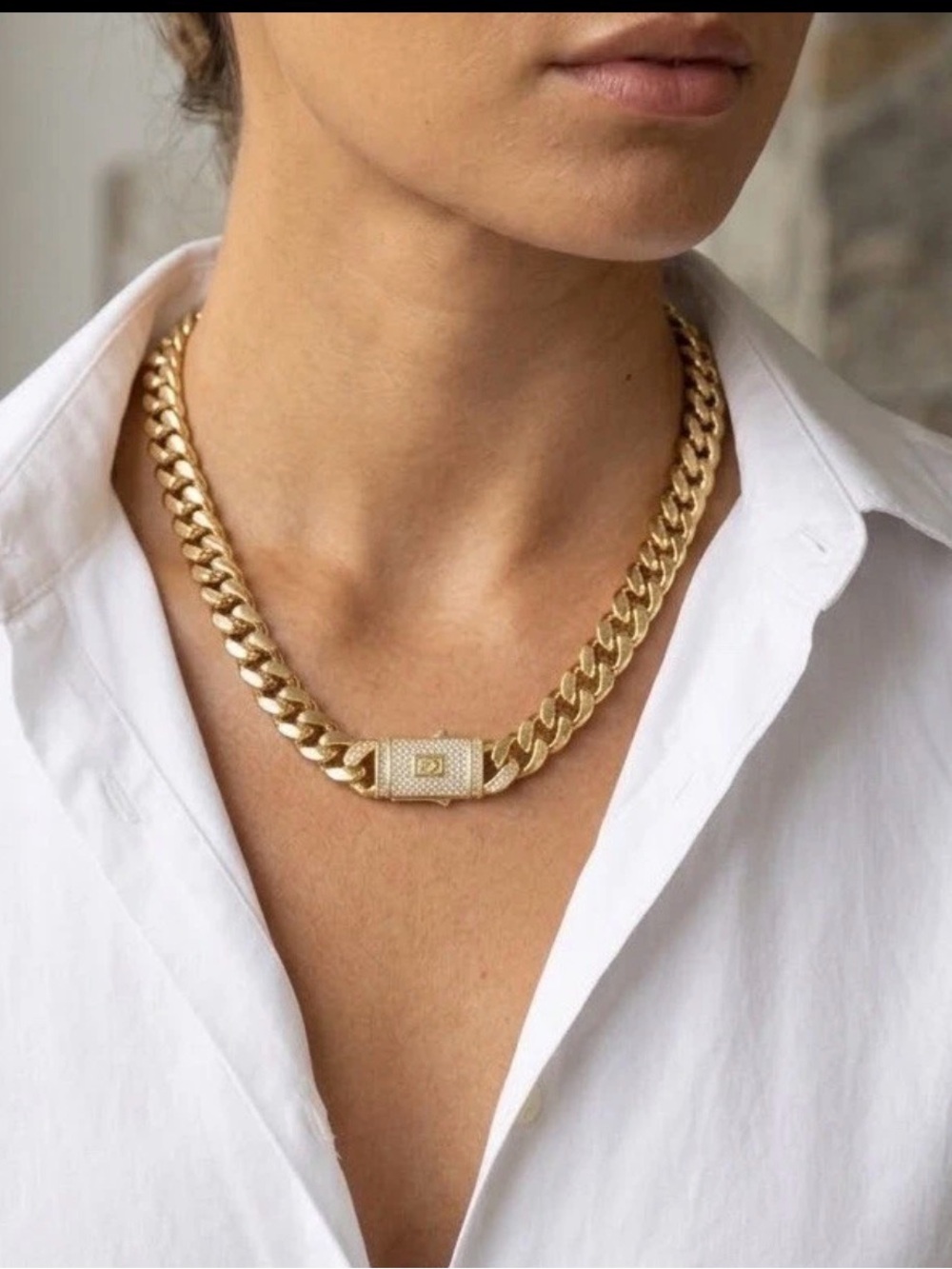 18K Gold Plated Miami Cuban Link Chain Necklace Rhinestone Clasp Men Women